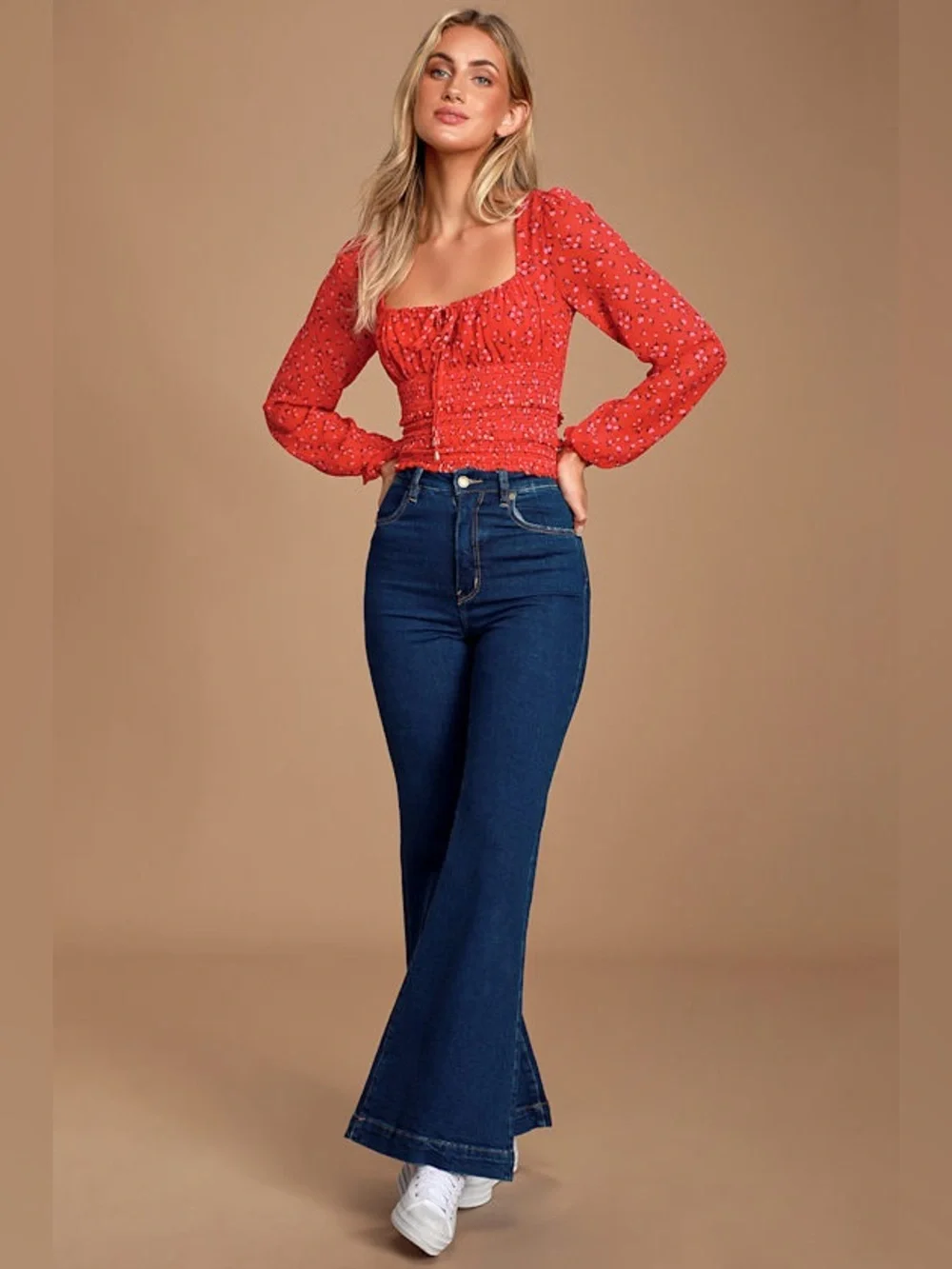 Free People Lolita Red Floral Smocked Square-Neck Long-Sleeve Crop Top Medium